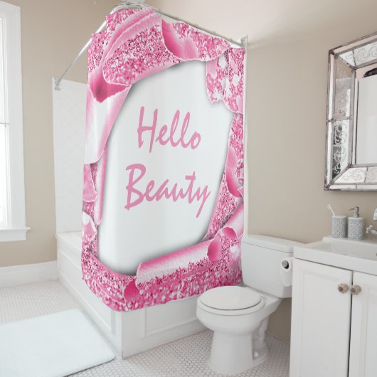 Rideaux De Douche Parties scintillant brillante 3D PINK Frame HELLO  (En situation)