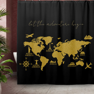 Rideaux De Douche Parties scintillant d'or Carte du monde sur Black