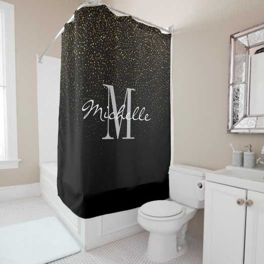 Rideaux De Douche Parties scintillant Gold & Black Personnalisé Mono (En situation)