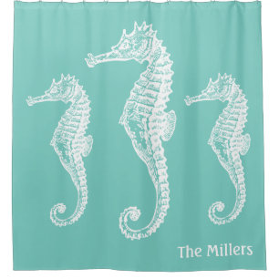 Rideaux De Douche Pastel Chic Seahorse Famille Turquoise Vert