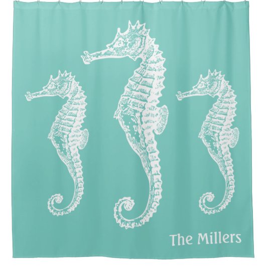 Rideaux De Douche Pastel Chic Seahorse Famille Turquoise Vert (Devant)