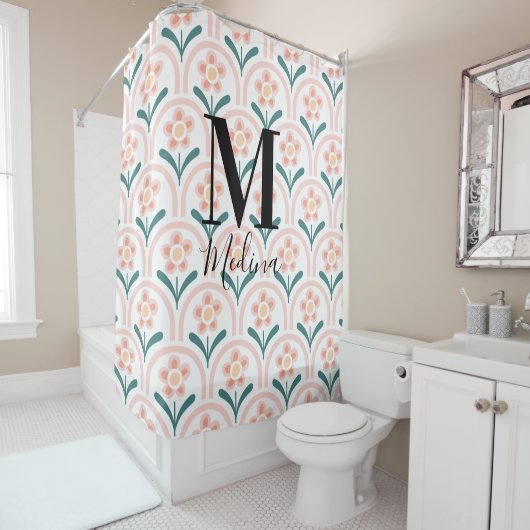 Rideaux De Douche Pastel Flora Motif Monogramme noir Script moderne (En situation)