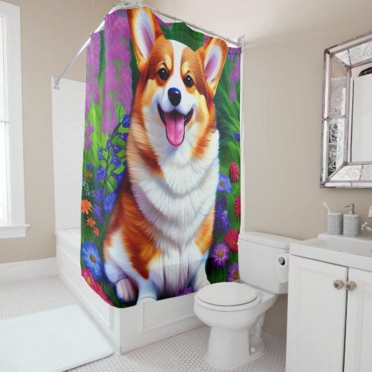 Rideaux De Douche Pastel Floral Corgi (En situation)