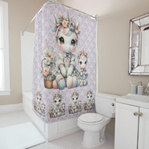 Rideaux De Douche Pastel Kawaii Unicorne Mère fille Duo Lavender