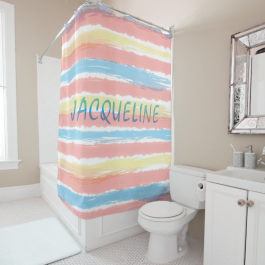 Rideaux De Douche Pastel Pink Blue Yellow Stripes BLEU NOM (En situation)