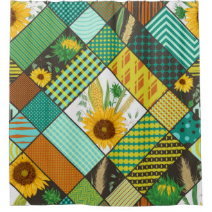 Rideaux De Douche Patchwork de céréales, tournesols, motif géométriq
