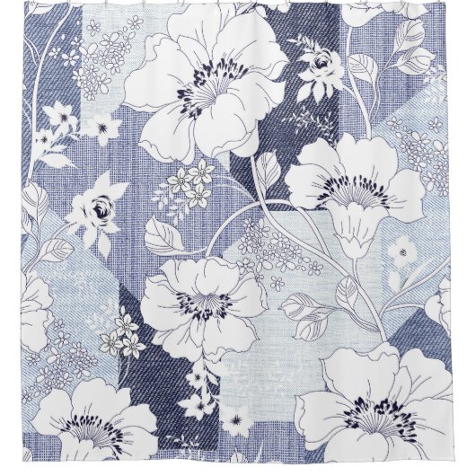Rideaux De Douche Patchwork de fleur de denim, motif sans soudure. (Devant)