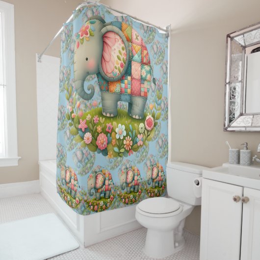 Rideaux De Douche Patchwork Elephant Floral Meadow Charm (En situation)
