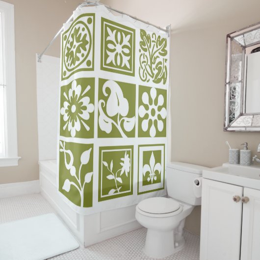 Rideaux De Douche Patchwork floral, moderne, blanc, vert olive (En situation)