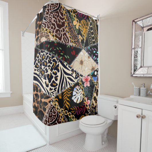 Rideaux De Douche Patchwork Leopard : Ethnic Lining Design. (En situation)