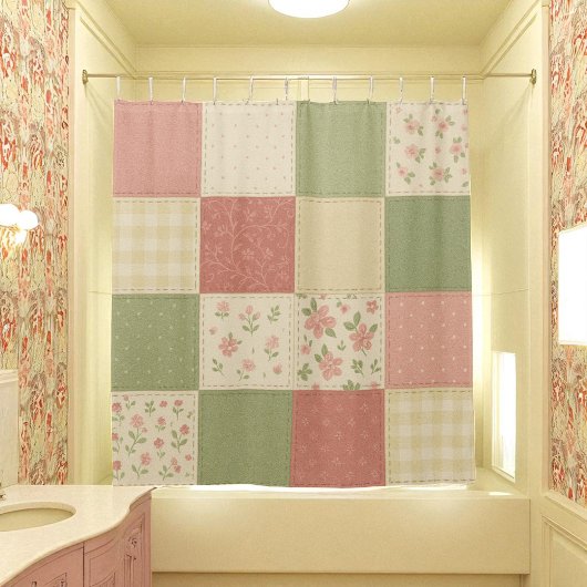 Rideaux De Douche Patchwork rose vert Quilt Rustique Agritourisme Fl