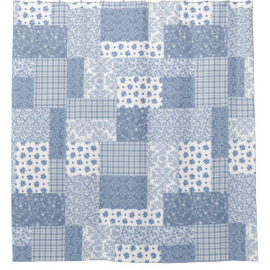 Rideaux De Douche Patchwork vintage de Faux de bleu et de blanc