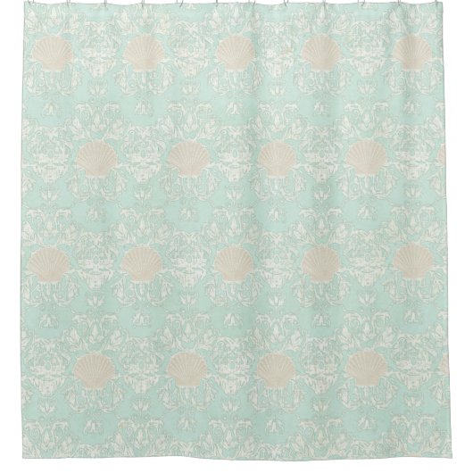 Rideaux De Douche Patiné Scallop Shell Beach Damask Patte Aqua (Devant)