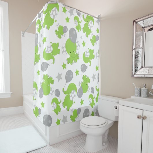Rideaux De Douche Pattern of Green Elephants, Cute Elephants, stars (En situation)