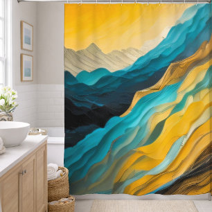 Rideaux De Douche Paysage Abstrait Brun Jaune Bleu