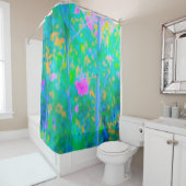 Rideaux De Douche Paysage bleu impressionniste avec fleurs roses (En situation)