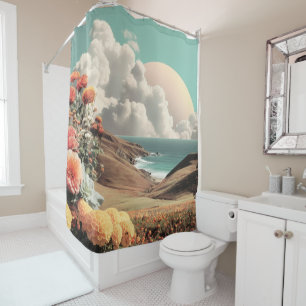 Rideaux De Douche Paysage côtier surréaliste avec fleurs et nuages