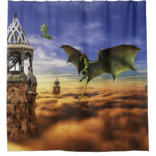 Rideaux De Douche Paysage de Dragon et Elf Fairy Sky Imaginaire