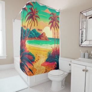 Rideaux De Douche Paysage de plage tropicale en été coloré