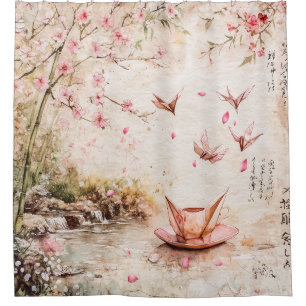 Rideaux De Douche Paysage de sérénité aux fleurs de cerisier roses (
