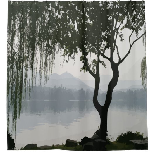 Rideaux De Douche Paysage du lac Willow de Weeping Black Grey (Devant)