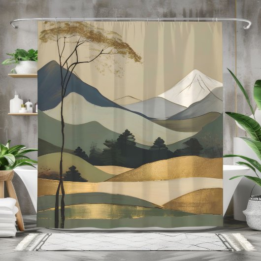 Rideaux De Douche Paysage Japandi Gold & Green Mountain