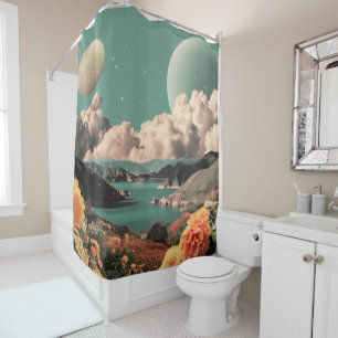 Rideaux De Douche Paysage montagneux surréaliste avec planètes et nu
