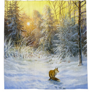 Rideaux De Douche Paysage Sunset Fox d'hiver.