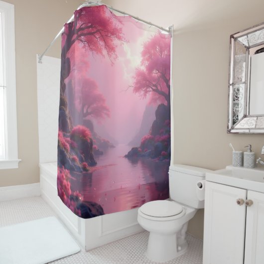 Rideaux De Douche Paysage zen en rose flamant (En situation)