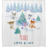 Rideaux De Douche Peace Love & Joy Animaux de la forêt de Noël (Devant)