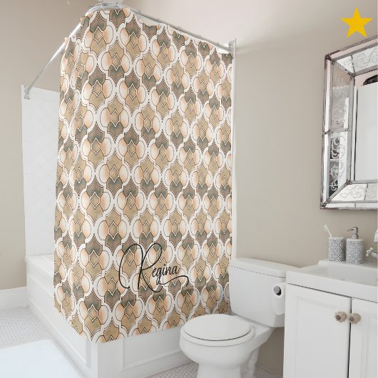 Rideaux De Douche Peach Custom Name Watercolor Geometric Pattern 