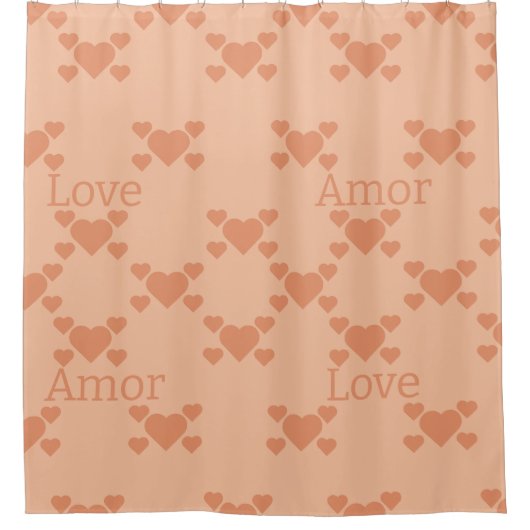 Rideaux De Douche Peach Fuzz Love Hearts Texte bilingue "Amor" "Love (Devant)