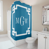 Rideaux De Douche Peacock bleu blanc clé grecque #2 encadré 3I Monog (En situation)