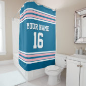 Rideaux De Douche Peacock Blue, Rose White Strips Sport Jersey (En situation)