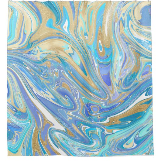 Rideaux De Douche Pearlescent Aqua & Gold en marbre liquide (Devant)