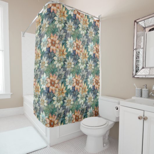 Rideaux De Douche Pêche Blanc Bleu Vert Floral (En situation)