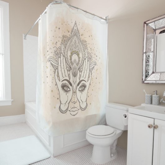 Rideaux De Douche Pêche & Or Boho Fleur de Lotus Beauté (En situation)