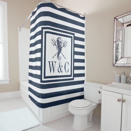 Rideaux De Douche Pégase Monogramme Bleu Marine Rayé Marin (En situation)