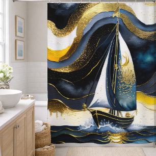 Rideaux De Douche Peinture aquarelle abstraite Voilier de nuit