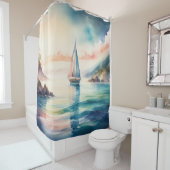 Rideaux De Douche Peinture aquarelle Bateau à voile sur l'eau (En situation)