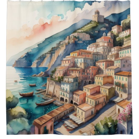 Rideaux De Douche Peinture aquarelle de la ville méditerranéenne eur (Devant)