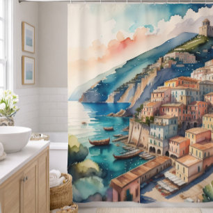 Rideaux De Douche Peinture aquarelle de ville méditerranéenne europé