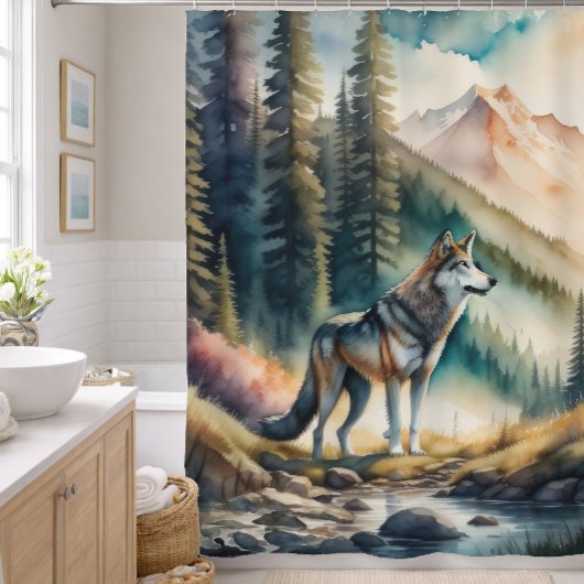 Rideaux De Douche Peinture aquarelle du loup en forêt