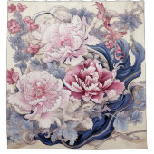 Rideaux De Douche Peinture Chinoiserie Peony en rose et bleu (Devant)
