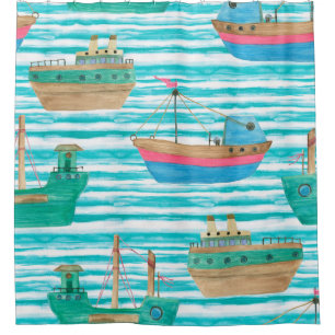 Rideaux De Douche Peinture d'aquarelle en continu motif avec bateaux