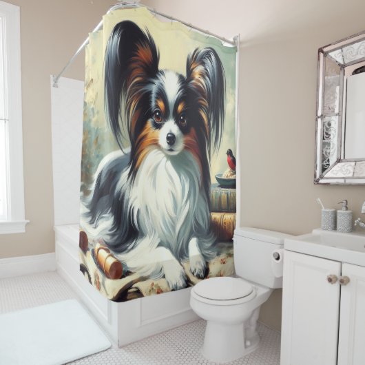 Rideaux De Douche Peinture de chien Papillon vintage (En situation)