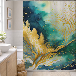 Rideaux De Douche Peinture de paysage abstrait aquarelle or