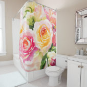 Rideaux De Douche Peinture de roses jaunes et roses (En situation)