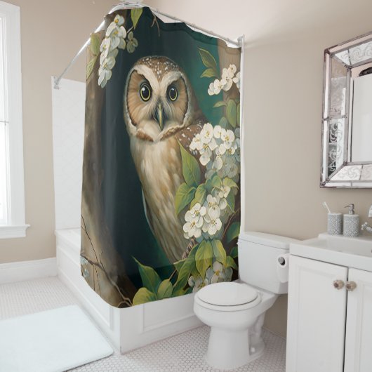 Rideaux De Douche Peinture originale à l'huile de Chouette (En situation)