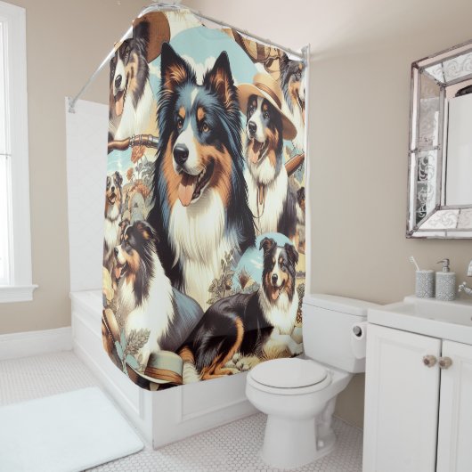 Rideaux De Douche Peinture rétro Australian Shepherd sans couture (En situation)